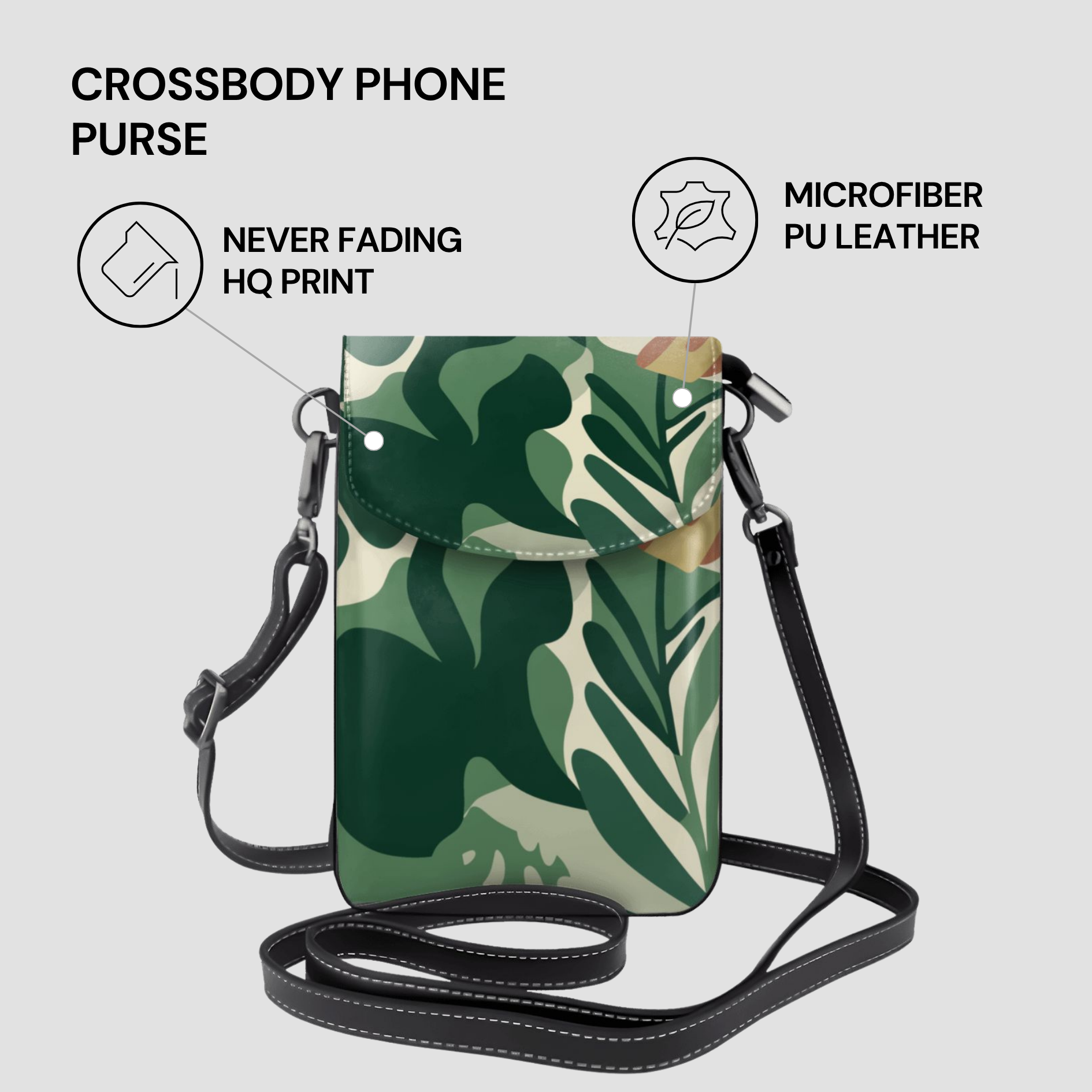 Crossbody phone purse with leaf pattern on a light gray background