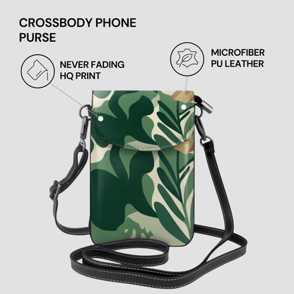 Crossbody phone purse with leaf pattern on a light gray background