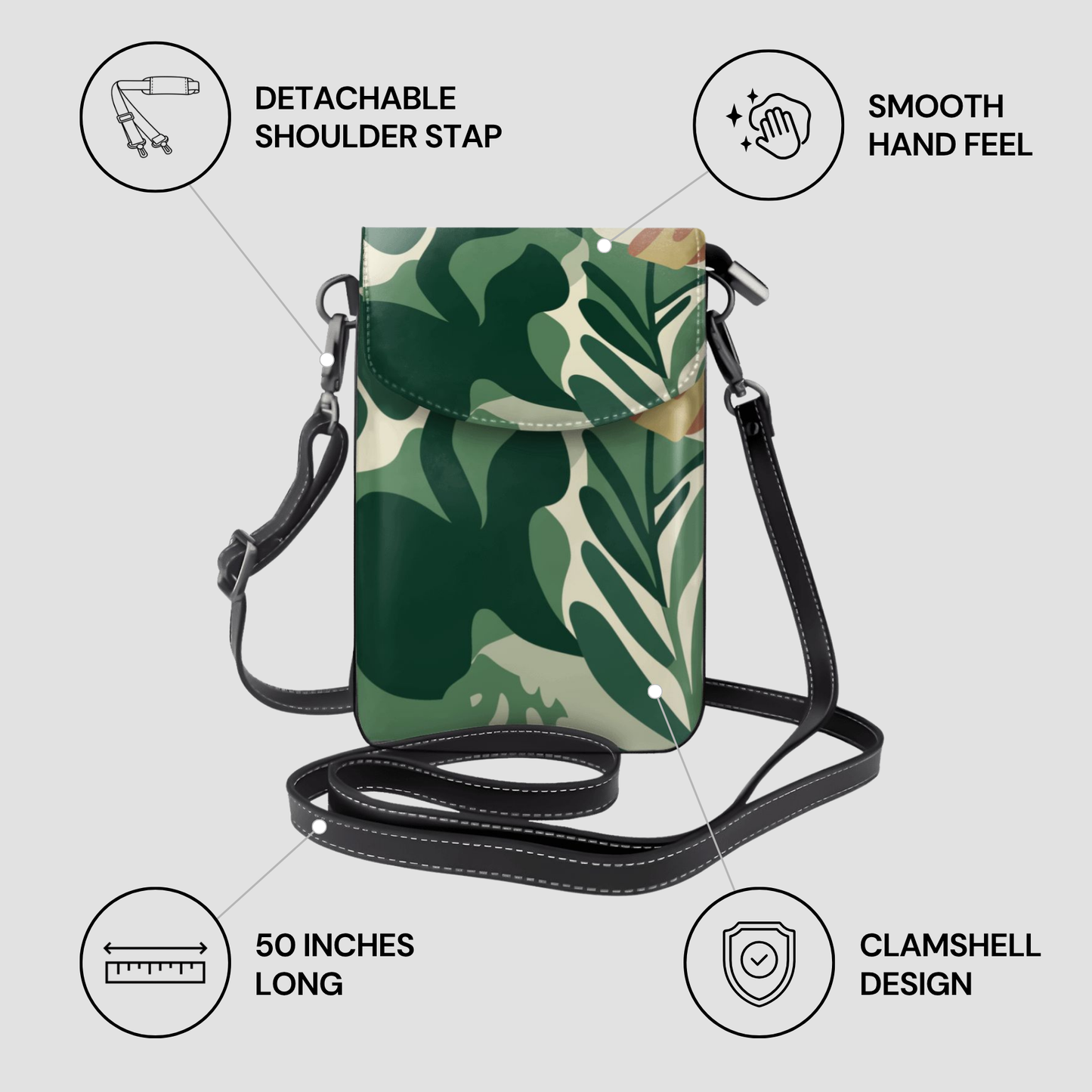Green camouflage crossbody bag with features highlighted on a light gray background
