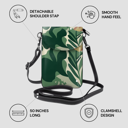 Green camouflage crossbody bag with features highlighted on a light gray background