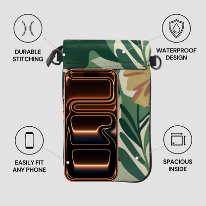 Floral-patterned phone case with features highlighted on a light gray background