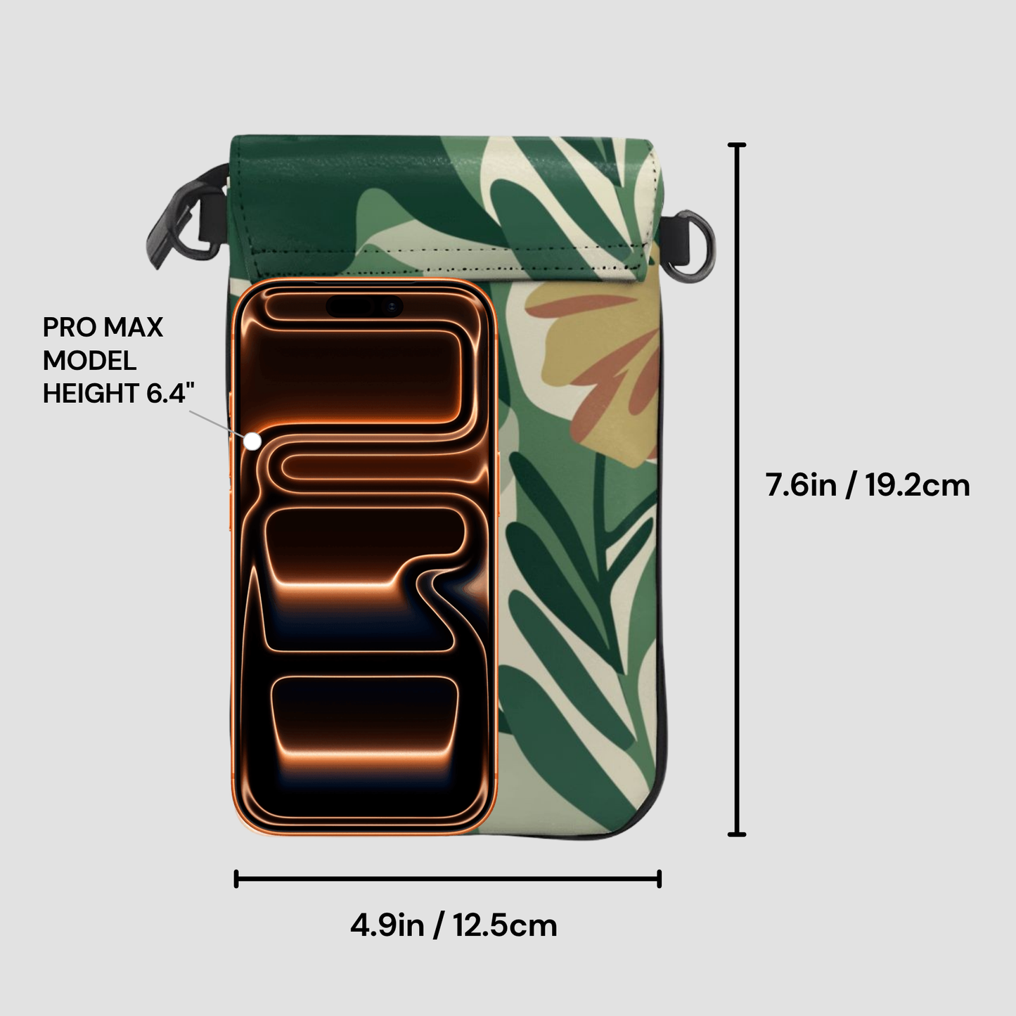 Phone case with floral design and measurements on a light gray background