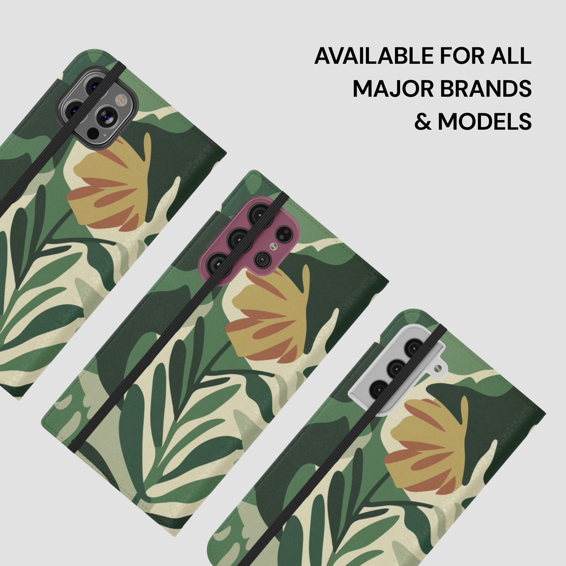 Phone cases with floral design on a light gray background