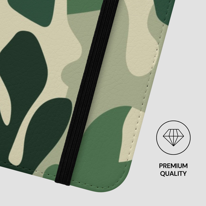 Camouflage-patterned product with a black strap on a light gray background, featuring a 'Premium Quality' label.