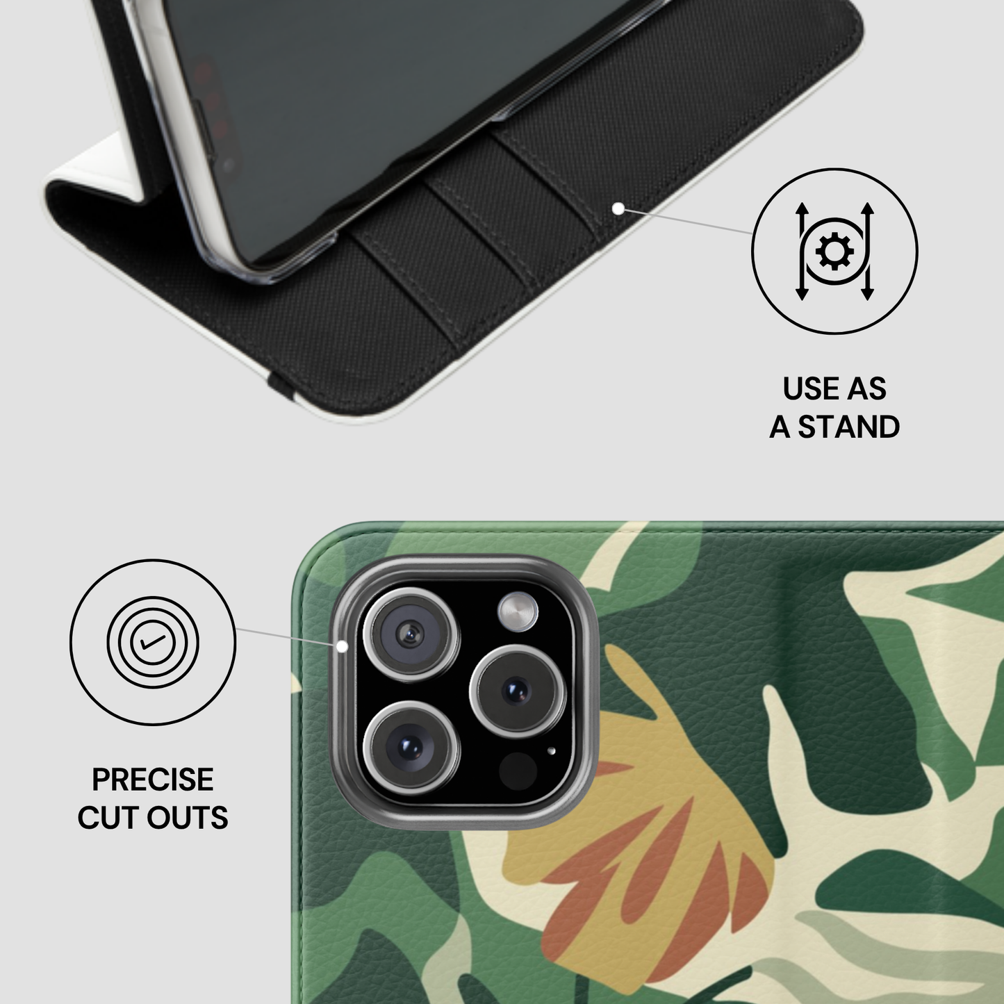 Camouflage phone case with camera cutout and stand feature on a white background