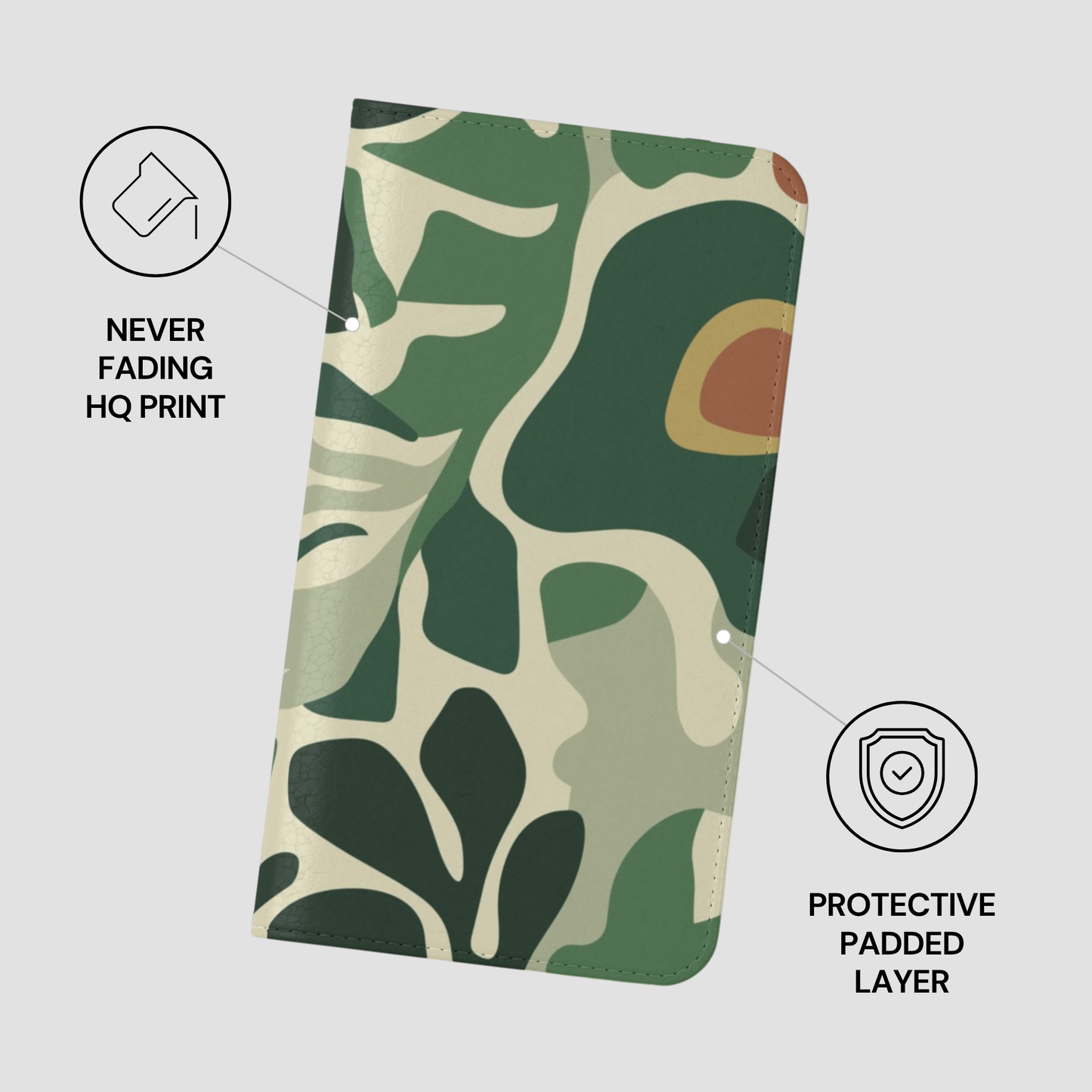 Camouflage-patterned product with protective features on a light gray background