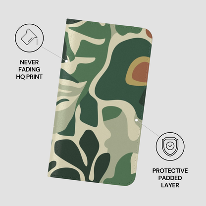 Camouflage-patterned product with protective features on a light gray background