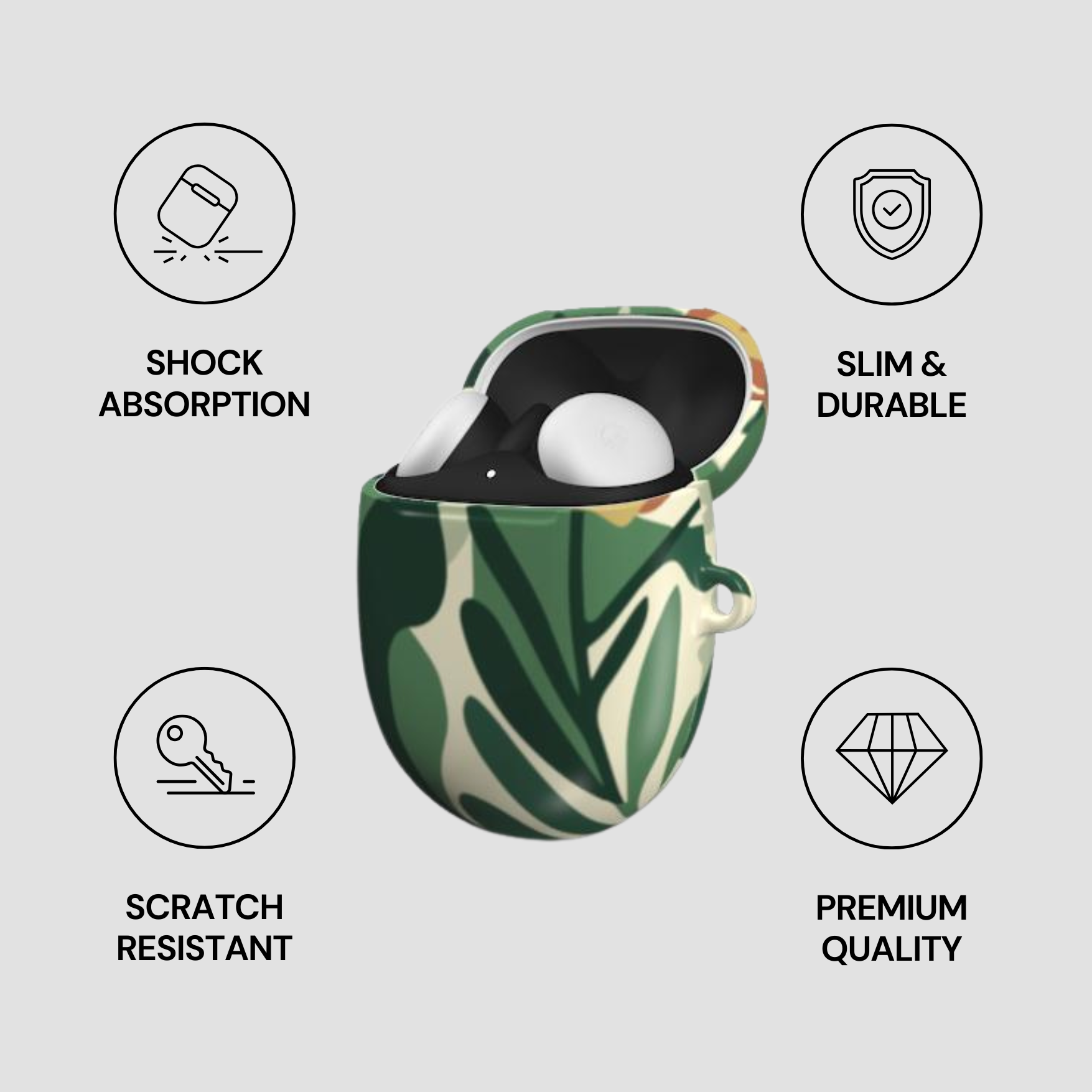 Green and white wireless earbuds case with leaf pattern on a light gray background