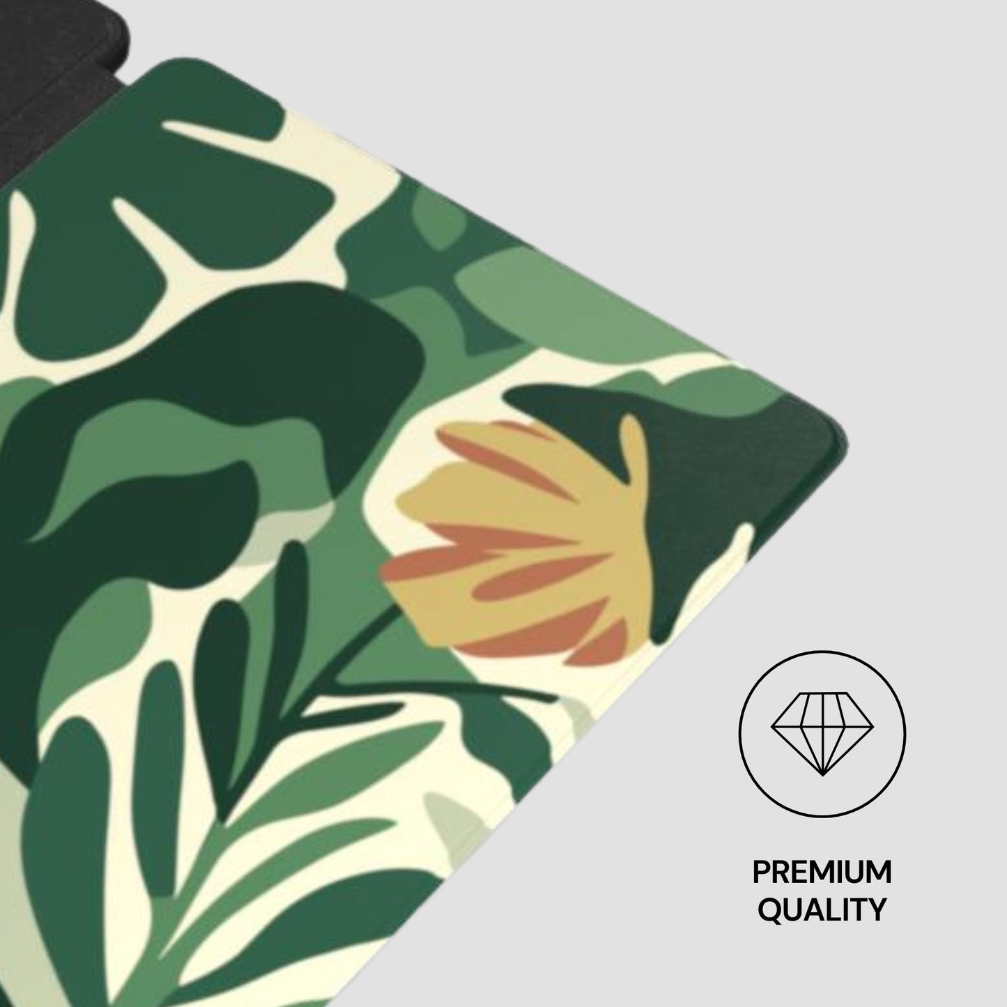 Floral patterned product with 'Premium Quality' label on a gray background