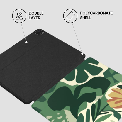 Black tablet case with polycarbonate shell and double layer feature on a gray background