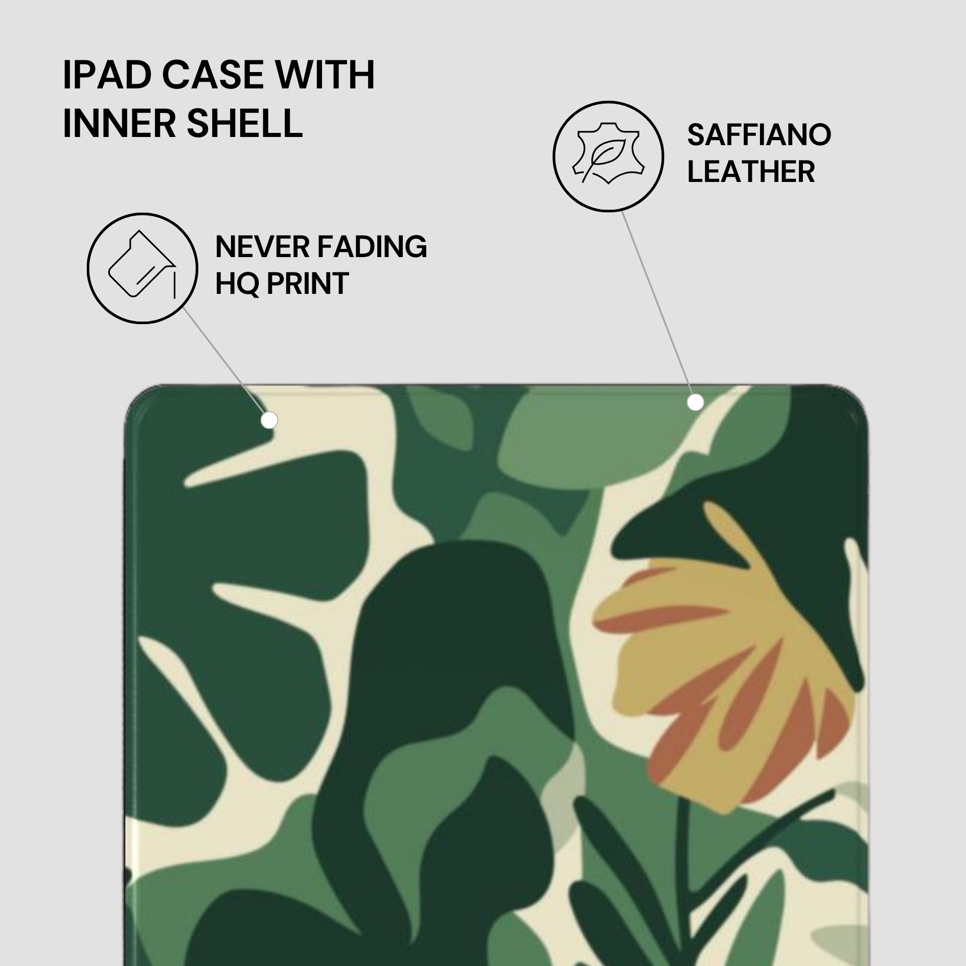 Floral iPad case with saffiano leather inner shell on a light gray background