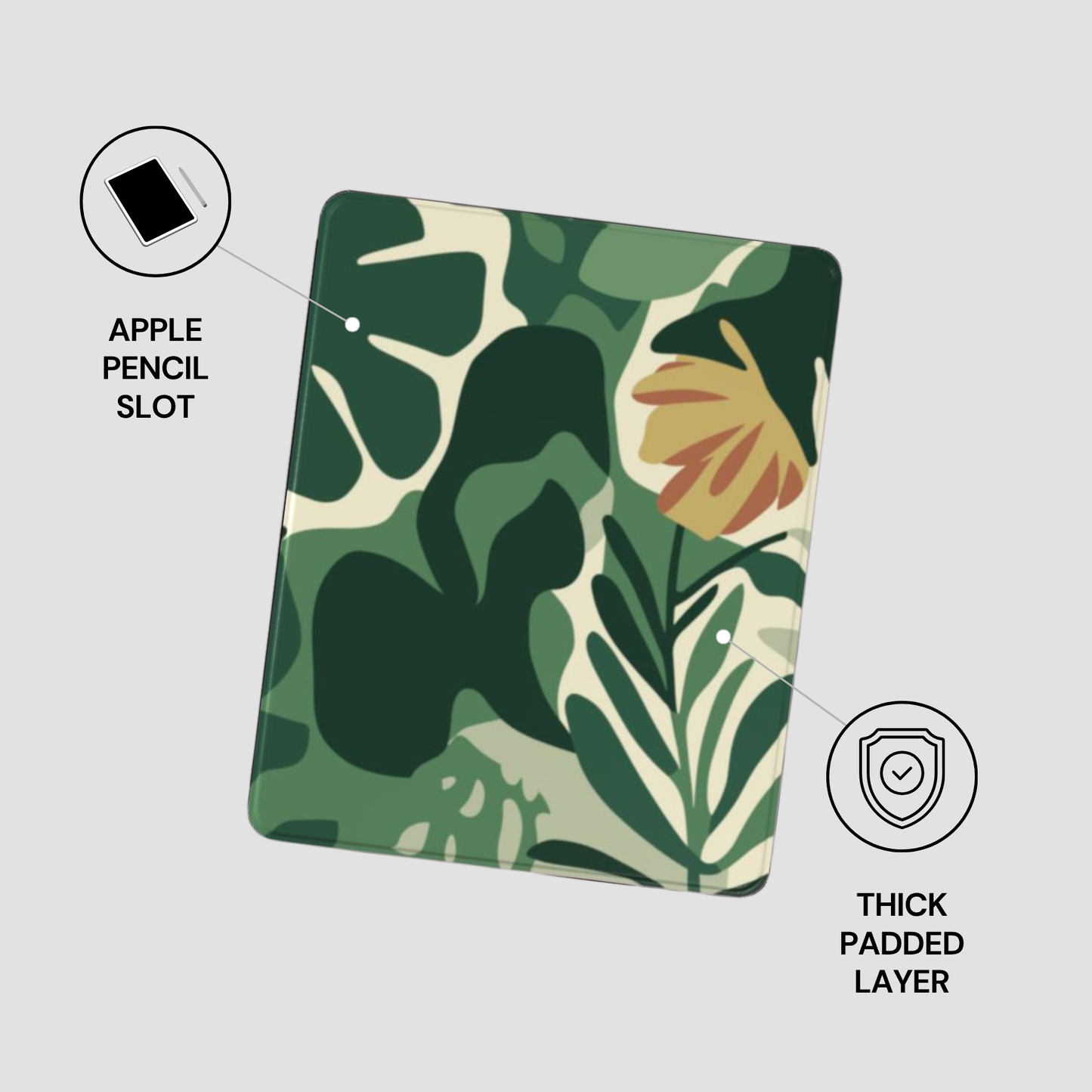 Floral patterned case with Apple Pencil slot and thick padded layer on a light gray background