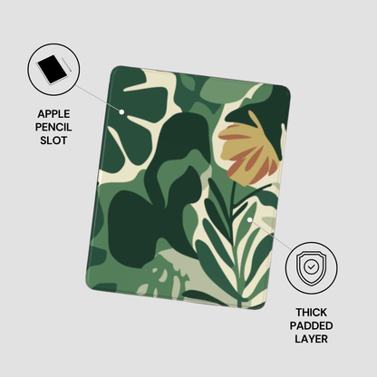 Floral patterned case with Apple Pencil slot and thick padded layer on a light gray background