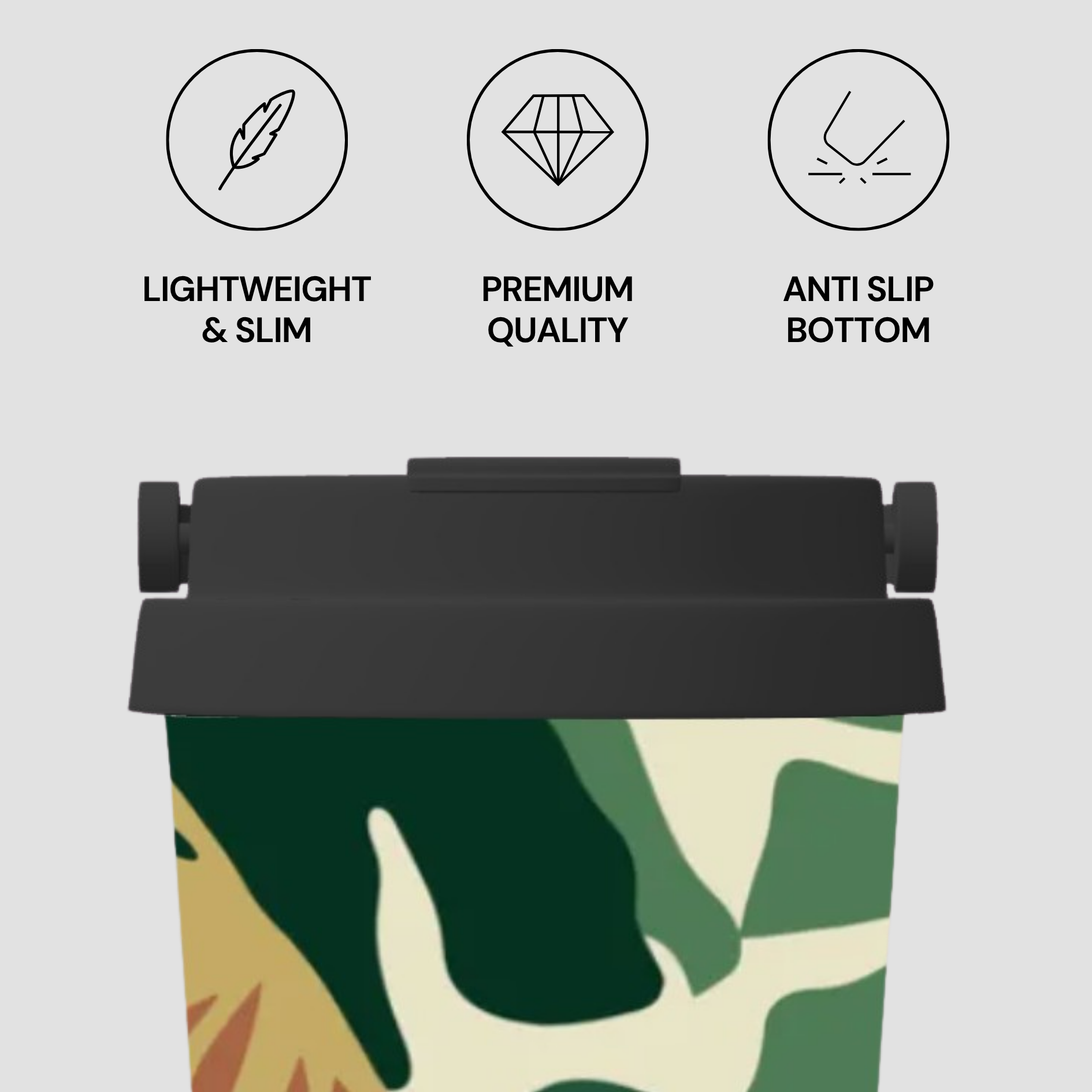 Camouflage-patterned product with black top and bottom, featuring icons and text on a light gray background.