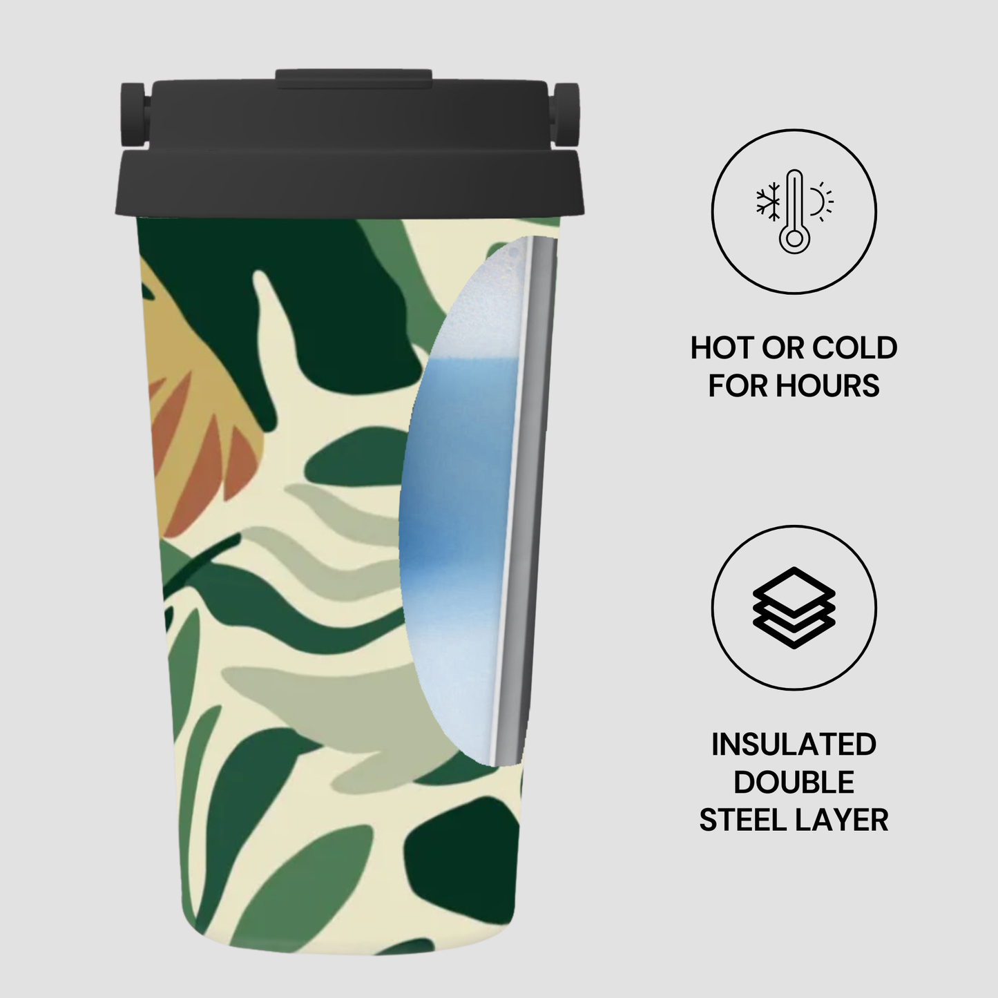 Insulated tumbler with leaf pattern on a white background