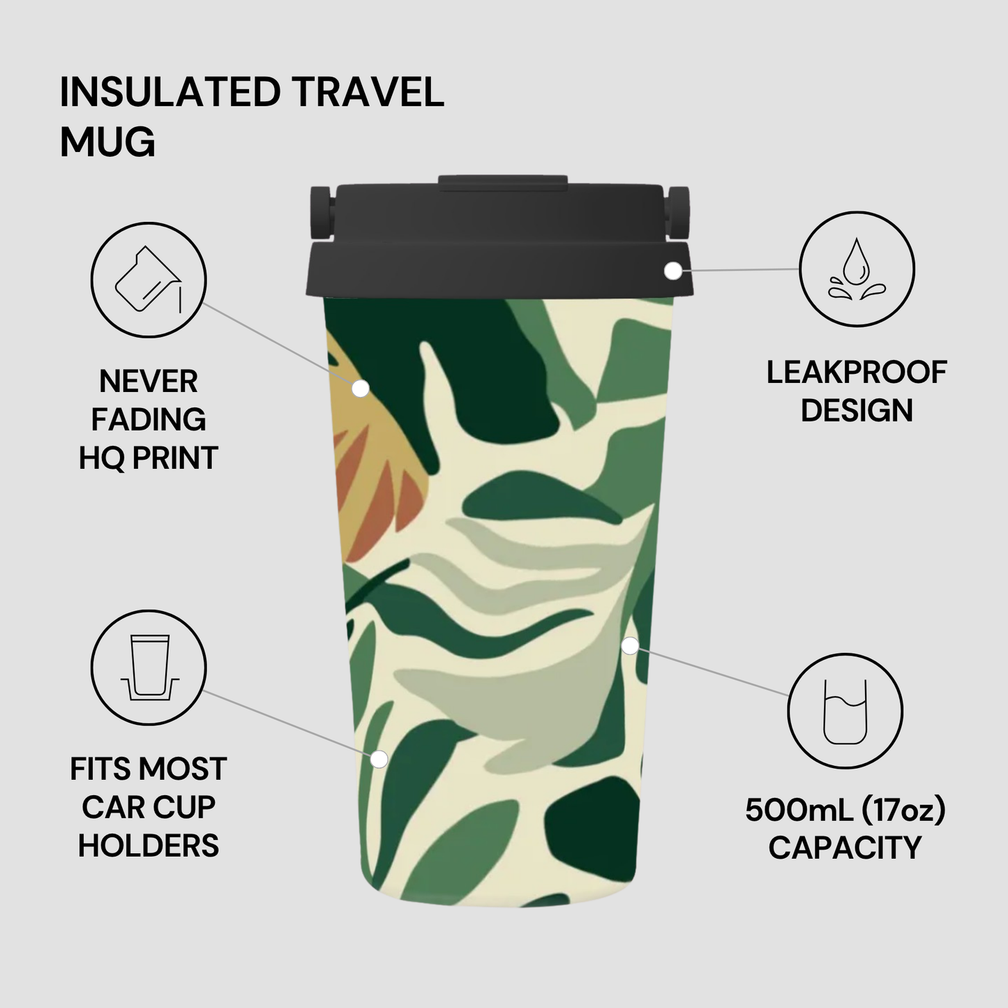 Insulated travel mug with leaf pattern and product features on a light gray background