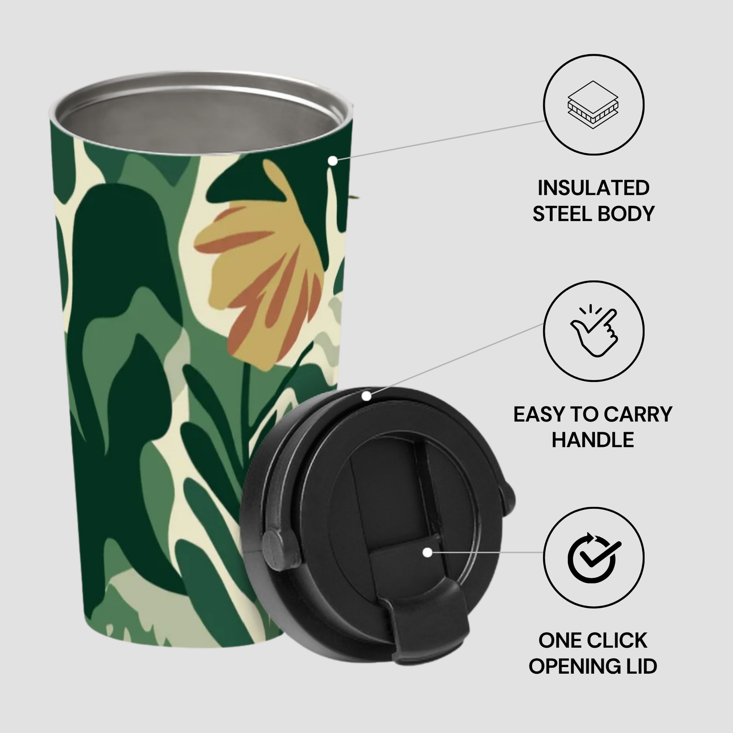 Tumbler with floral design and features highlighted on a light gray background