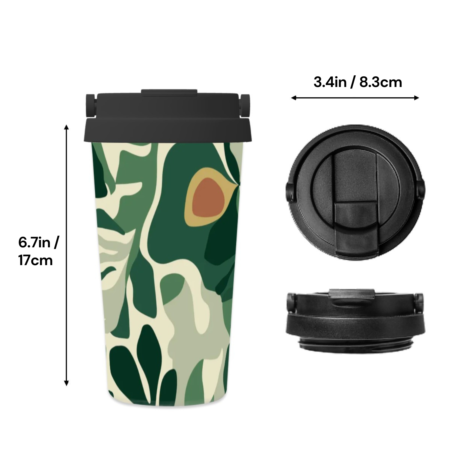 Travel mug with avocado design and black lid, shown with measurements on a white background.