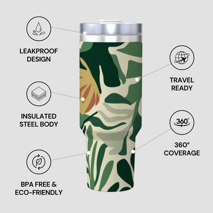 Tumbler with leaf pattern and features listed on a gray background