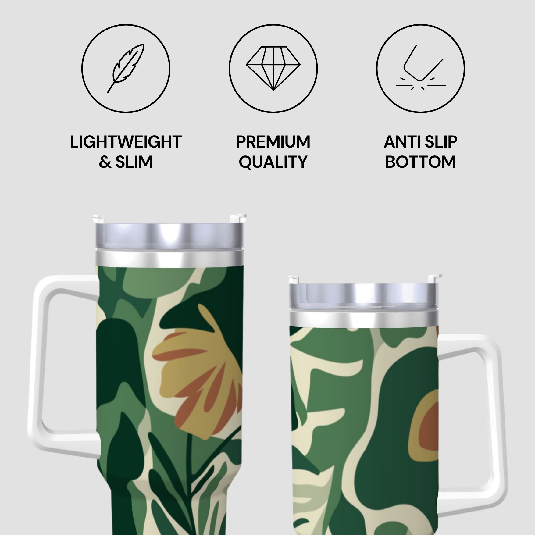 Two green patterned tumblers with icons and text describing features on a light gray background