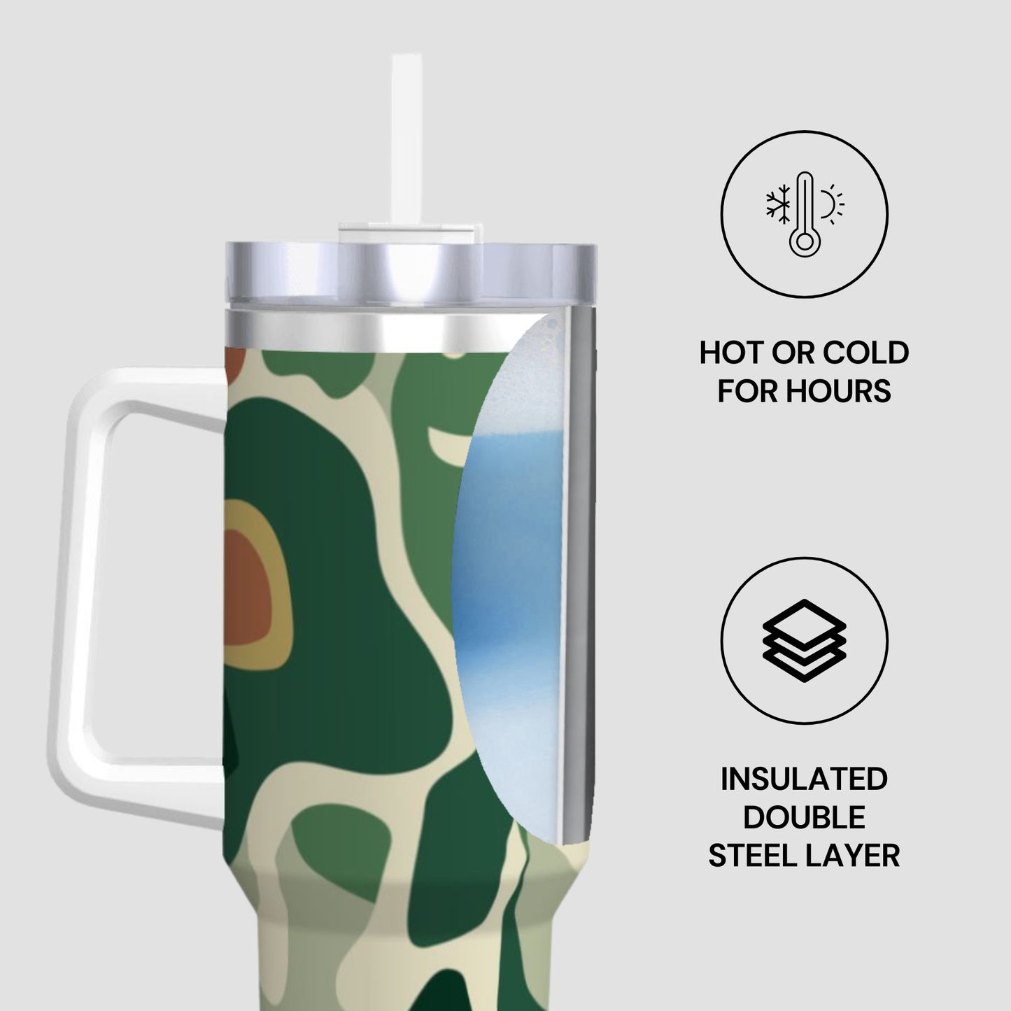 Insulated tumbler with camouflage design on a white background