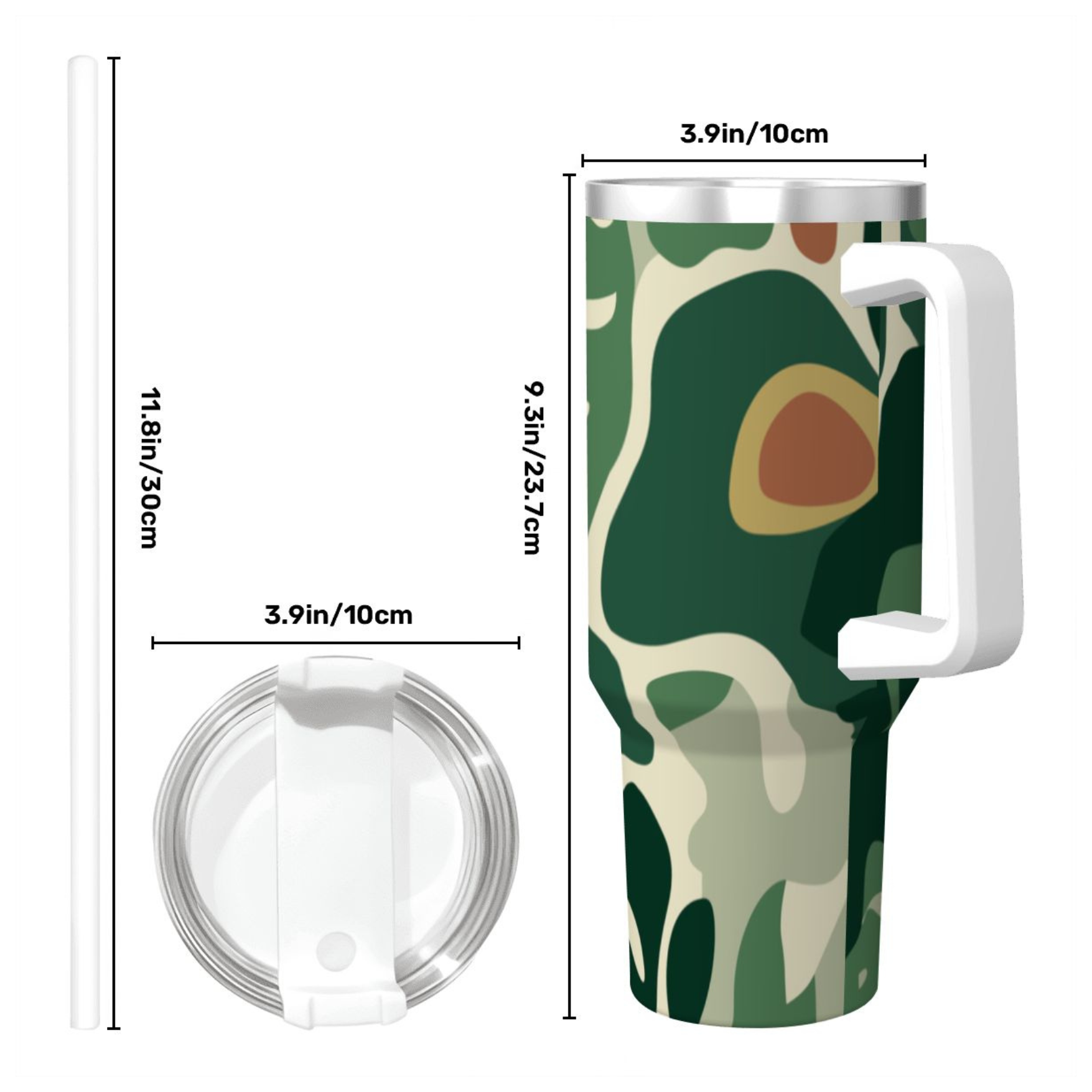 Green camouflage-patterned tumbler with measurements on a white background