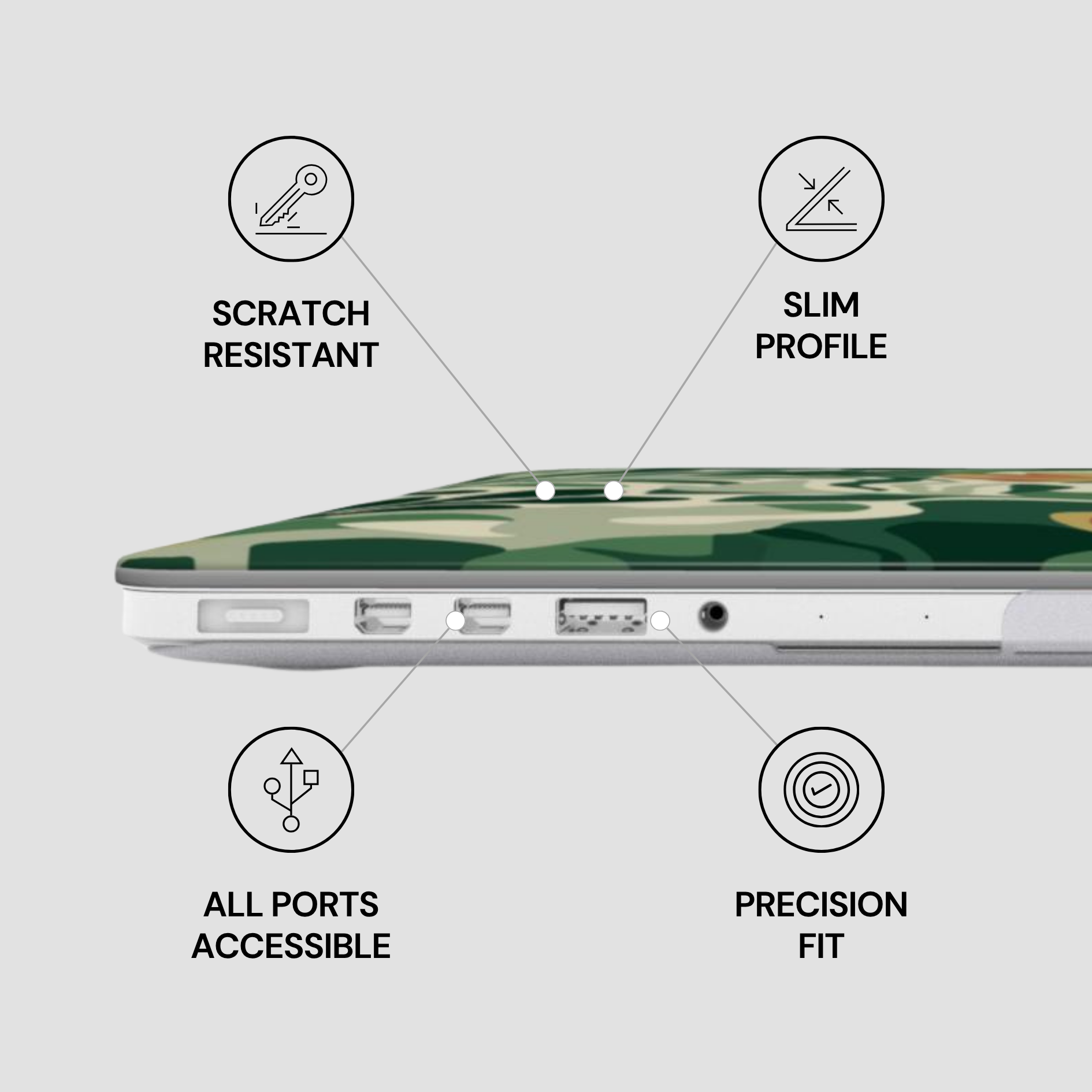 Laptop with features highlighted on a white background