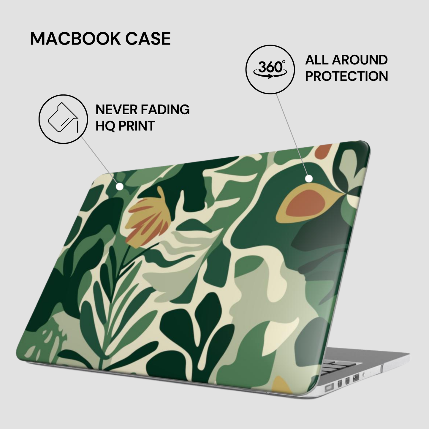 Macbook case with green leaf pattern on a white background