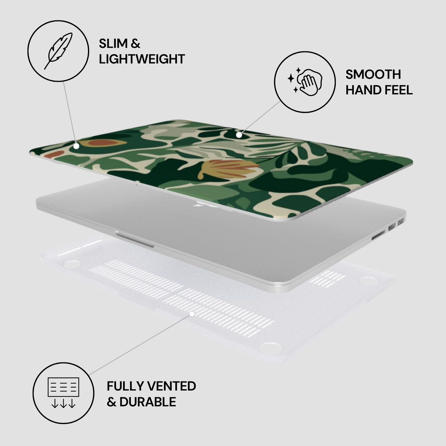 Laptop with a green leaf pattern on a white background, featuring text labels about the product's features.
