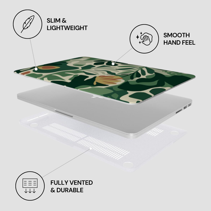 Laptop with a green leaf pattern on a white background, featuring text labels about the product's features.
