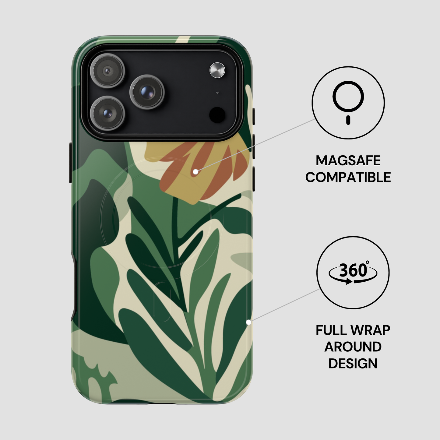 Phone case with leaf pattern and Magsafe compatibility on a light gray background
