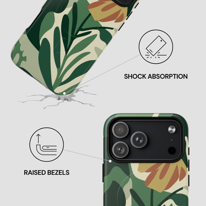 Phone case with leaf pattern and features highlighted on a white background