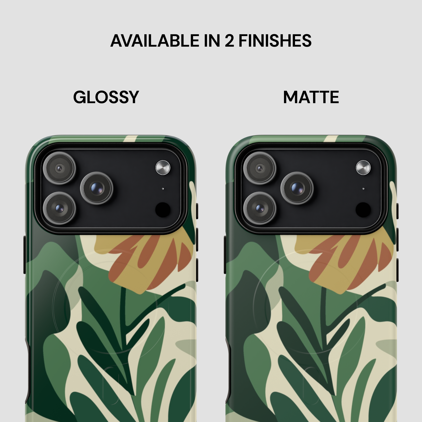 Two phone cases with floral design, one glossy and one matte, on a white background.