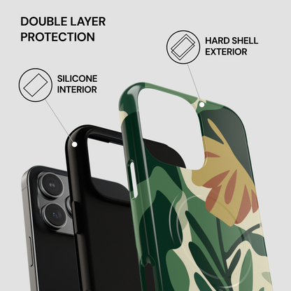 Phone case with camouflage design and text highlighting double layer protection.
