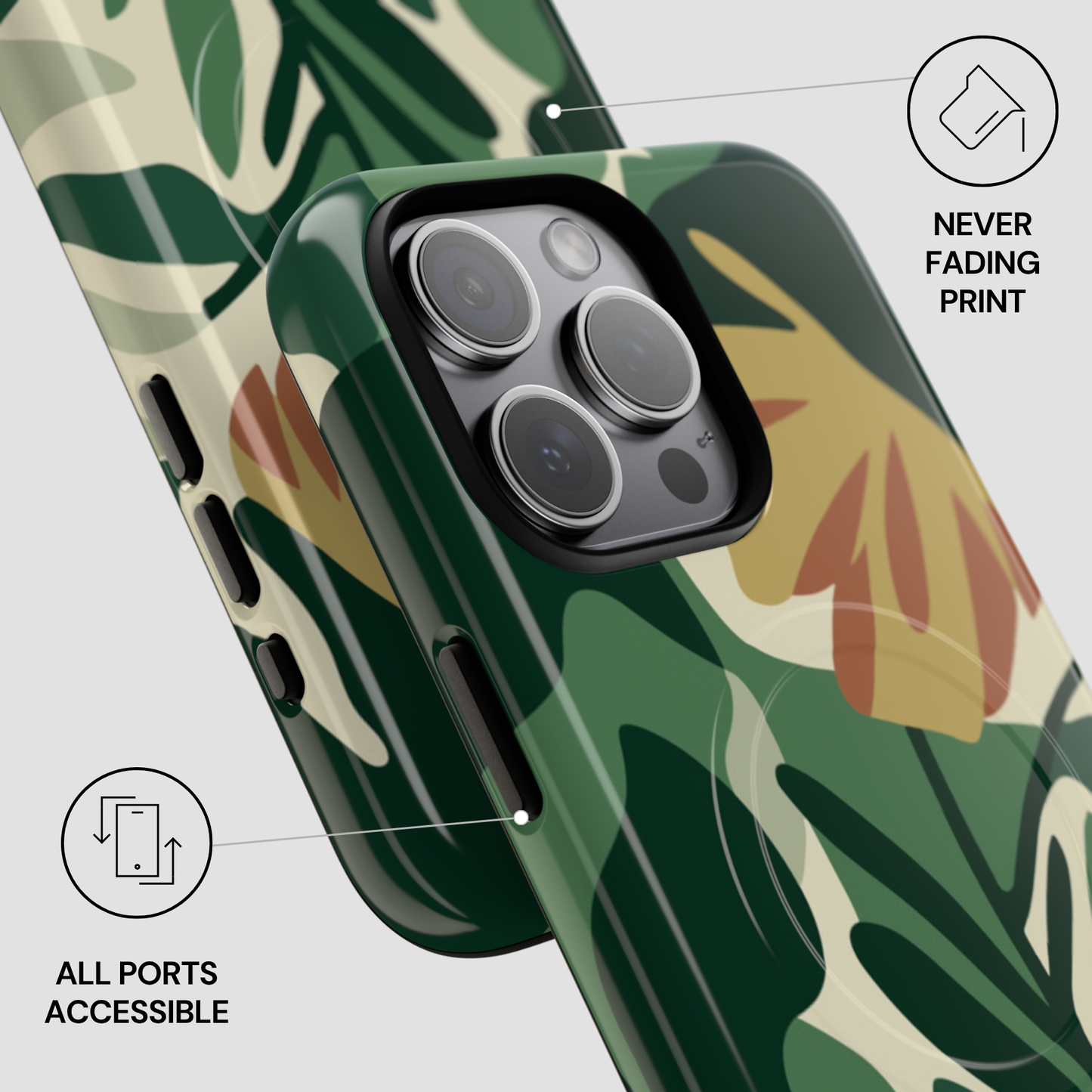 Camouflage phone case with leaf pattern on a white background