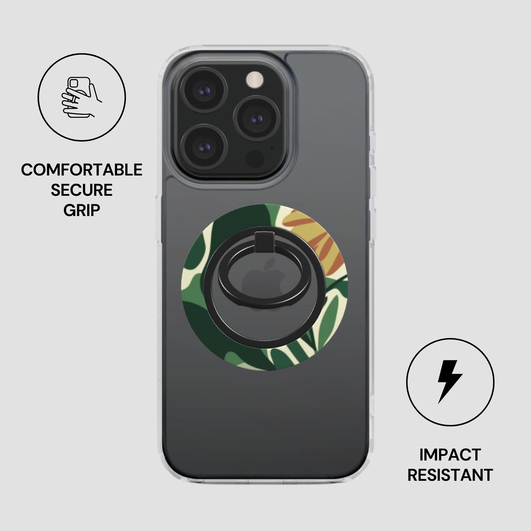 Phone case with ring holder and leaf design on a gray background