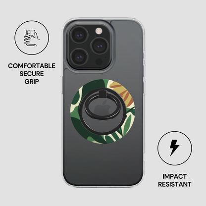 Phone case with ring holder and leaf design on a gray background