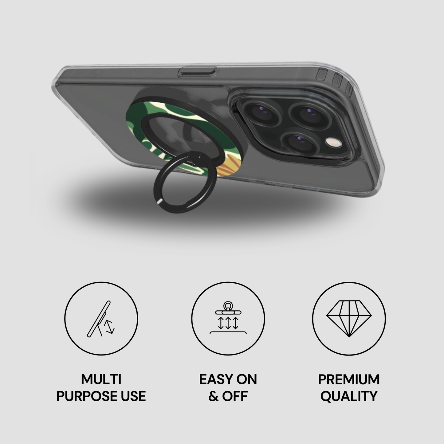 Phone case with ring holder on a gray background