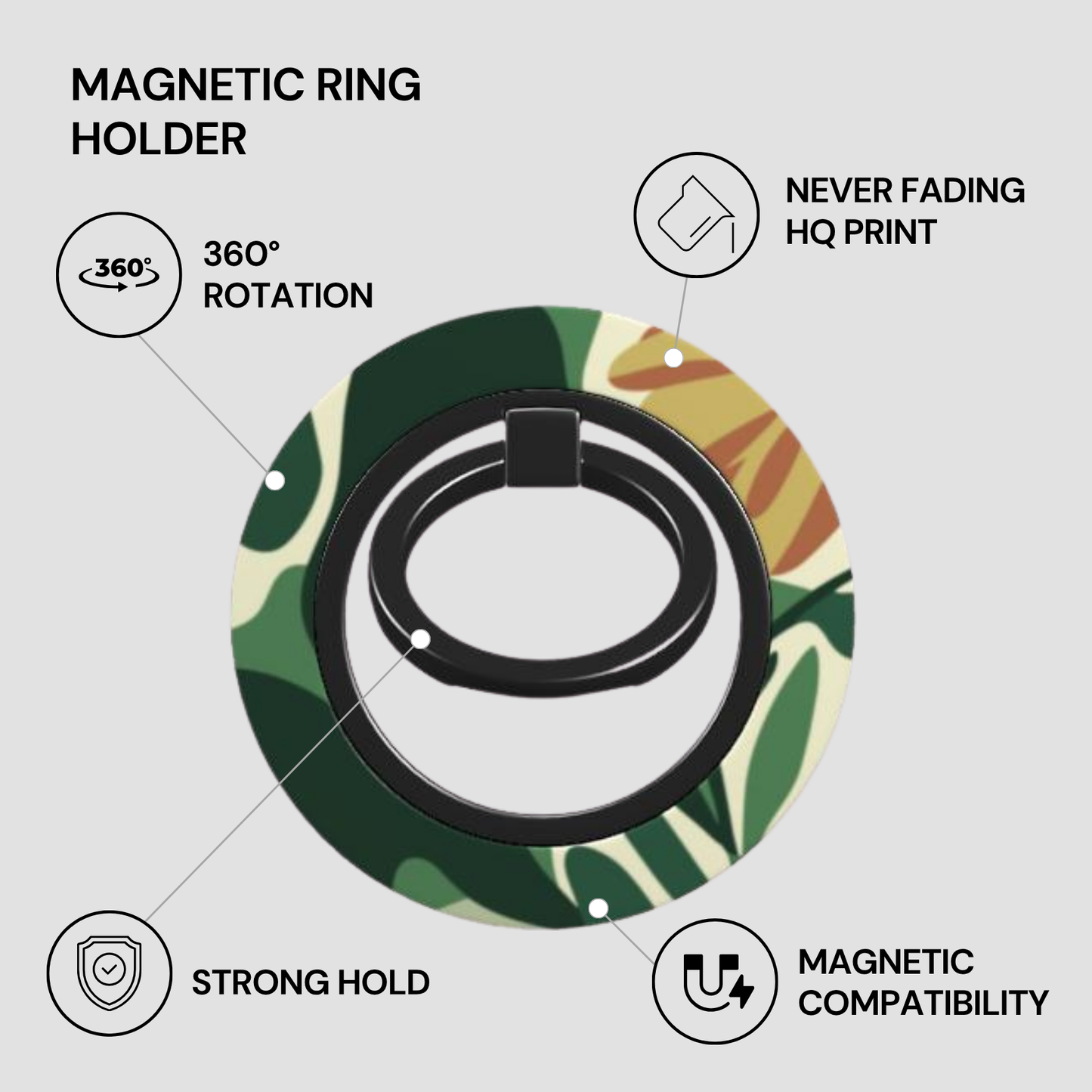 Magnetic ring holder with camouflage design on a light gray background