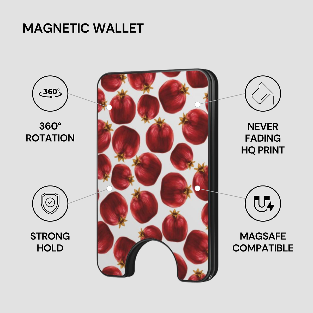Pom Noir Magnetic Wallet with feature callouts including strong hold, MagSafe compatible, and HQ print