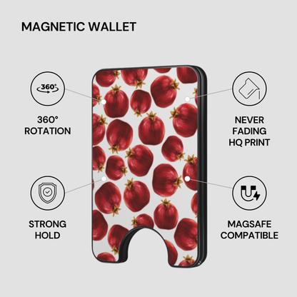 Pom Noir Magnetic Wallet with feature callouts including strong hold, MagSafe compatible, and HQ print