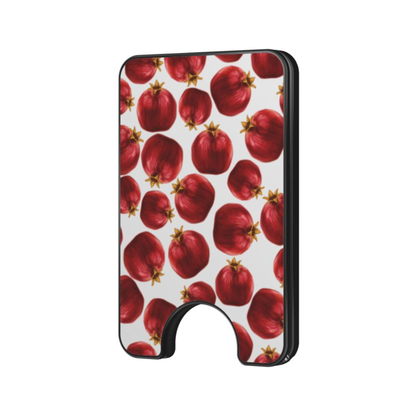 Pom Noir Magnetic Wallet with red pomegranate print on a light background