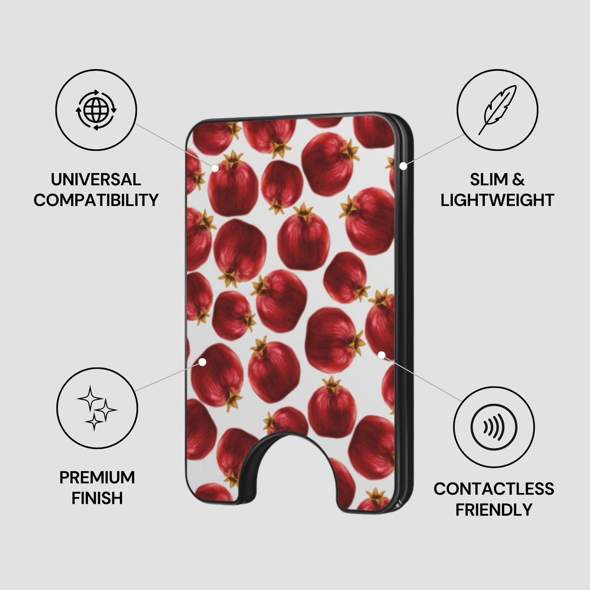 Pom Noir Magnetic Wallet showing secure design, premium quality, and impact resistant features