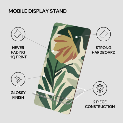 Floral design mobile display stand with features listed on a gray background