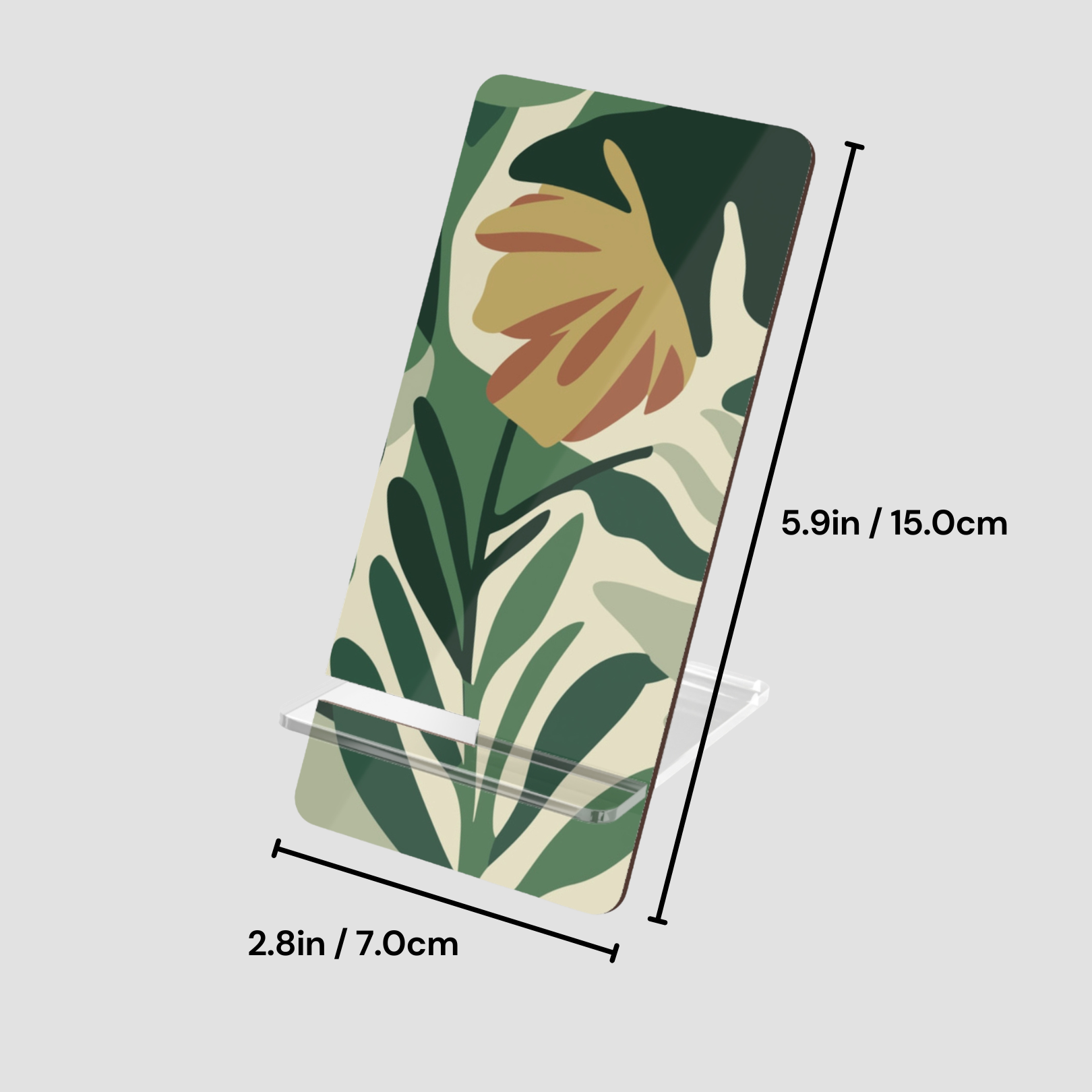Phone case with leaf pattern and measurements on a light gray background