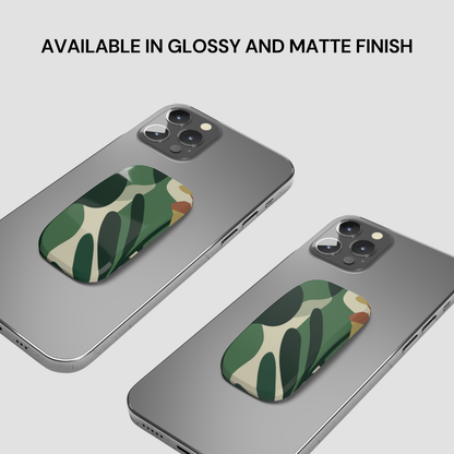 Two phone cases with camouflage design on a gray background, text indicating finish options.