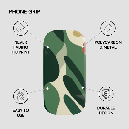 Phone grip with camouflage pattern and feature icons on a gray background