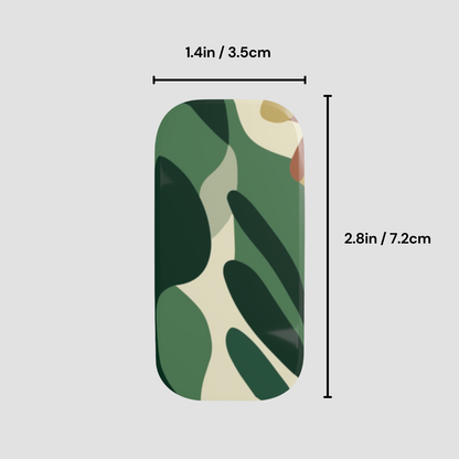 Rectangular green and beige object with measurements on a light gray background