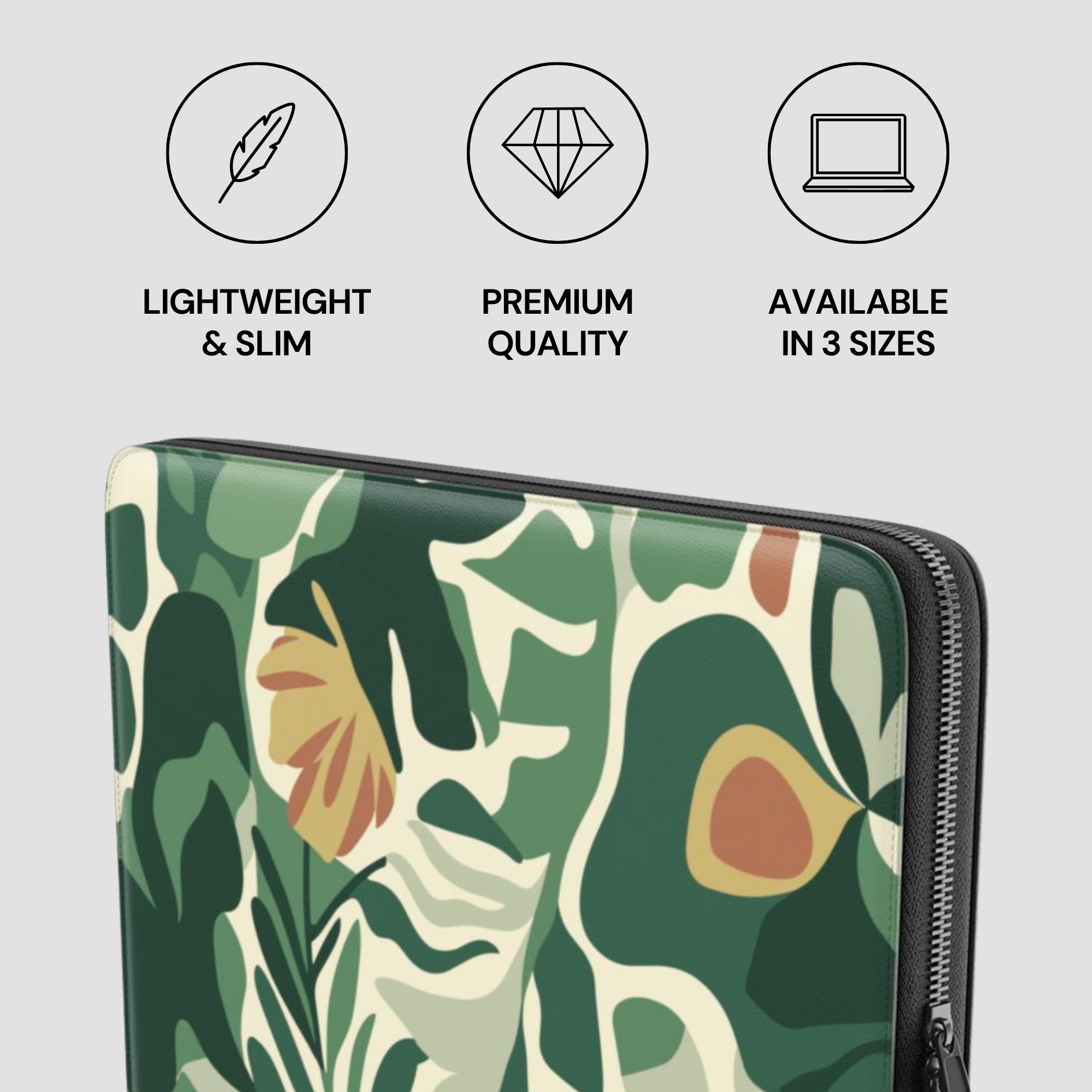 Floral patterned laptop sleeve with product features on a light gray background