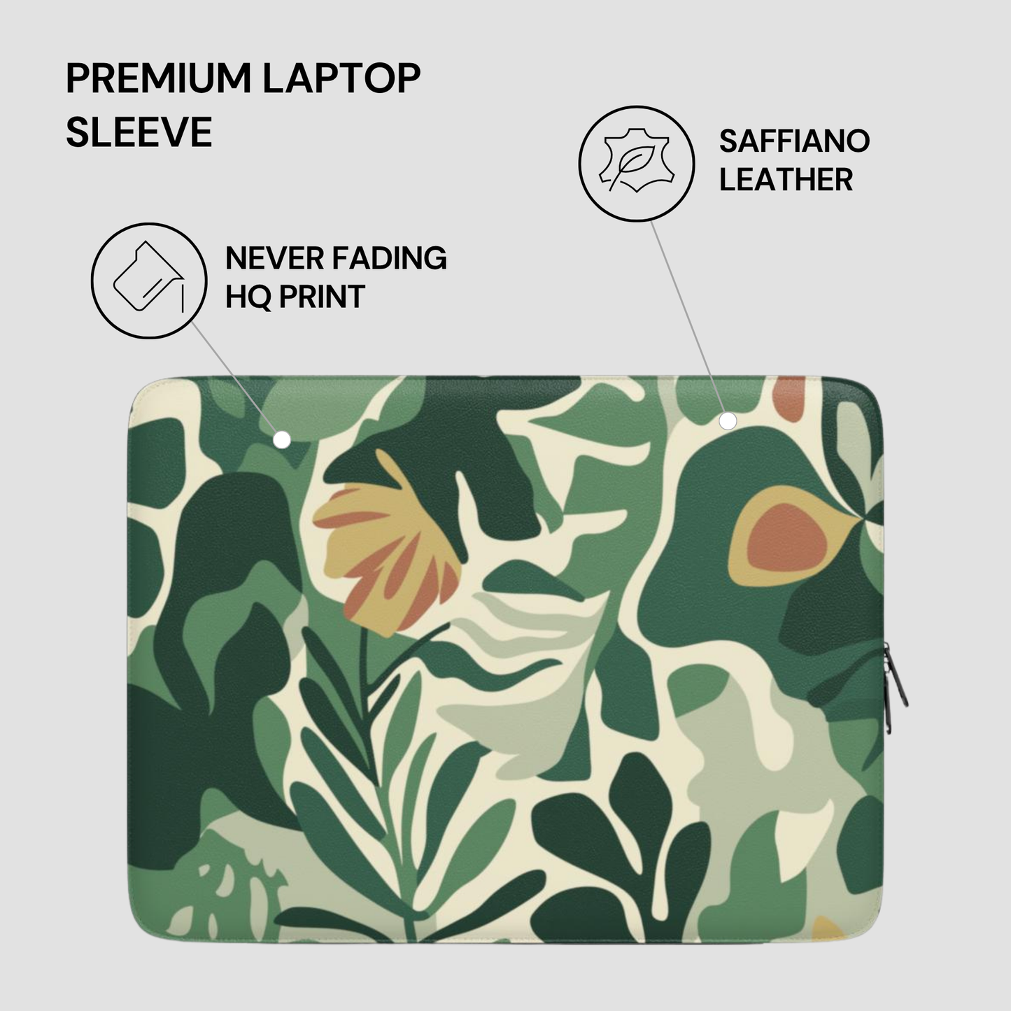 Laptop sleeve with leaf pattern and text highlighting features on a light gray background